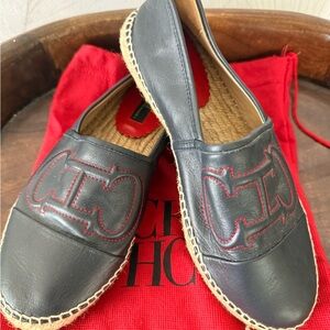 CH Carolina Herrera Navy Leather Espadrilles Red Logo Size 38